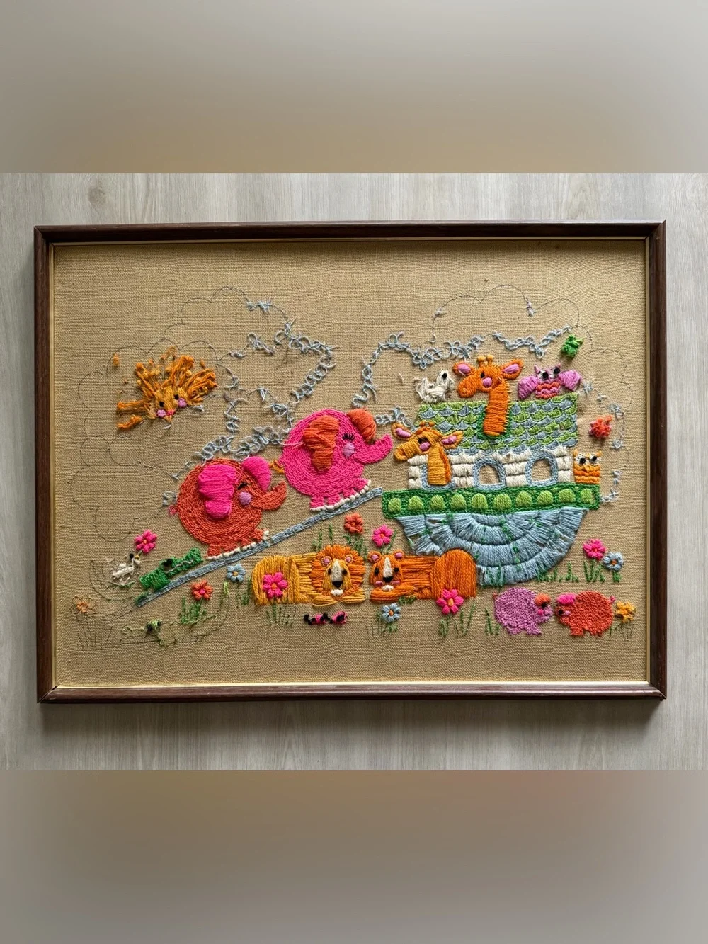 Vintage 70s Children's Theme Crewel Piece -Animal Theme Noah's Ark-Unfinished